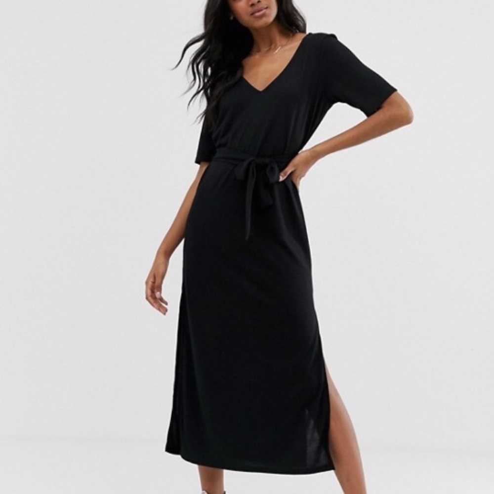 V Neck Midi Dress with Tie Waist